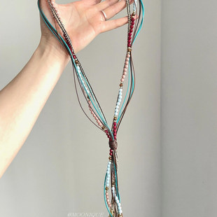 波西米亚手工串珠流苏长项链Vintage古着多层叠戴毛衣链旅游配饰
