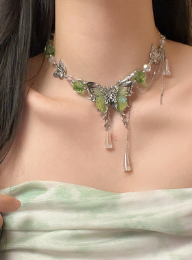 绿色冰晶蝴蝶清冷感项链锁骨链女