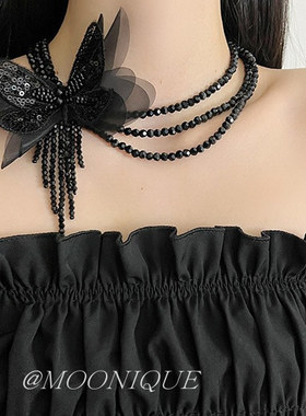 暗黑风布艺花朵蝴蝶三层水晶项链欧美个性小众气质高级锁骨链颈链