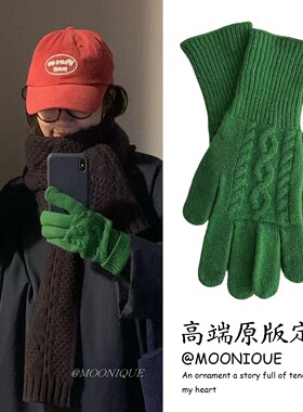 新款韩系ins风提花绿色手套纯色保暖防寒针织分指可触屏秋冬季女
