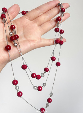双层叠戴红色珠子水晶串珠项链女流苏精致时髦高级感长款毛衣链潮