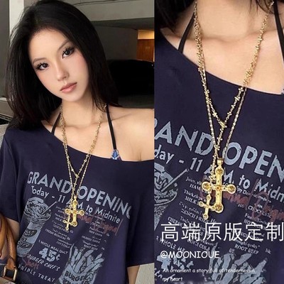 复古金色十字架吊坠项链女y2k千禧辣妹风长款毛衣链多层叠戴配饰