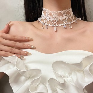 法式甜美白色蕾丝氛围感水滴流苏项链女纯欲气质百搭颈饰颈带配饰