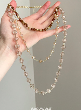 vintage中古透明水晶串珠项链女多层叠戴高级感长款毛衣链颈链潮