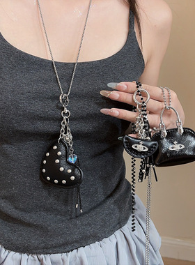 2025新款黑色皮质爱心包包吊坠项链女时尚气质小众高级感毛衣链