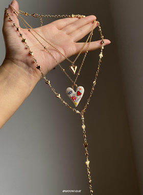 多层金色爱心花朵流苏项链vintage中古风精致百搭长款毛衣链配饰