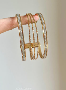 法式复古金色闪钻古着手镯宽边手环度假风波西米亚小众夸张手链女