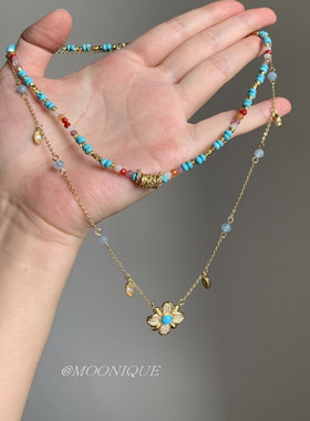 新中式蓝色仿绿松石项链小众复古串珠双层叠戴锁骨链卫衣链颈链女