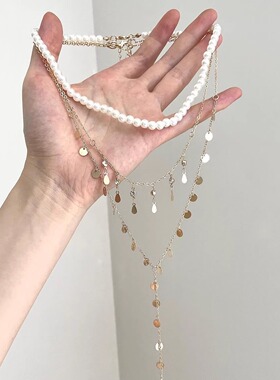 金色亮片流苏Y字型项链女轻奢多层叠戴珍珠锁骨链优雅颈间配饰潮