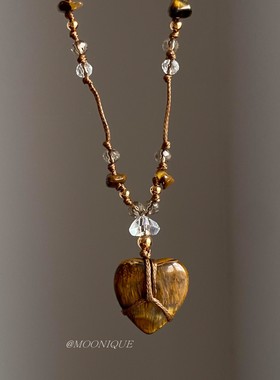 民族风复古虎眼石爱心项链毛衣链手工编织绳水晶串珠锁骨链秋冬女