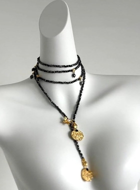 小众设计感合金璀璨金币黑色百搭长款项链腰链中古撞色串珠身体链