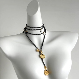 小众设计感合金璀璨金币黑色百搭长款项链腰链中古撞色串珠身体链