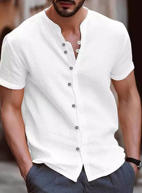 Summer solid color casual button up shirt for men 系扣衬衫男