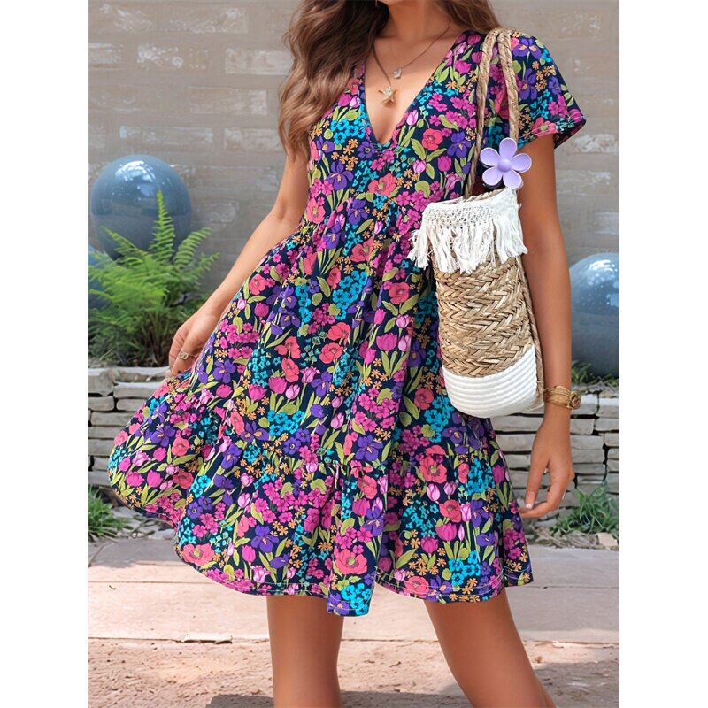 spring summer women dress print ladies skirt印花短袖连衣裙女