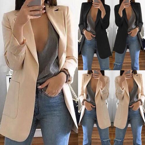 ce Lady Suit Black with Pockets Business Notched Blazer Coat