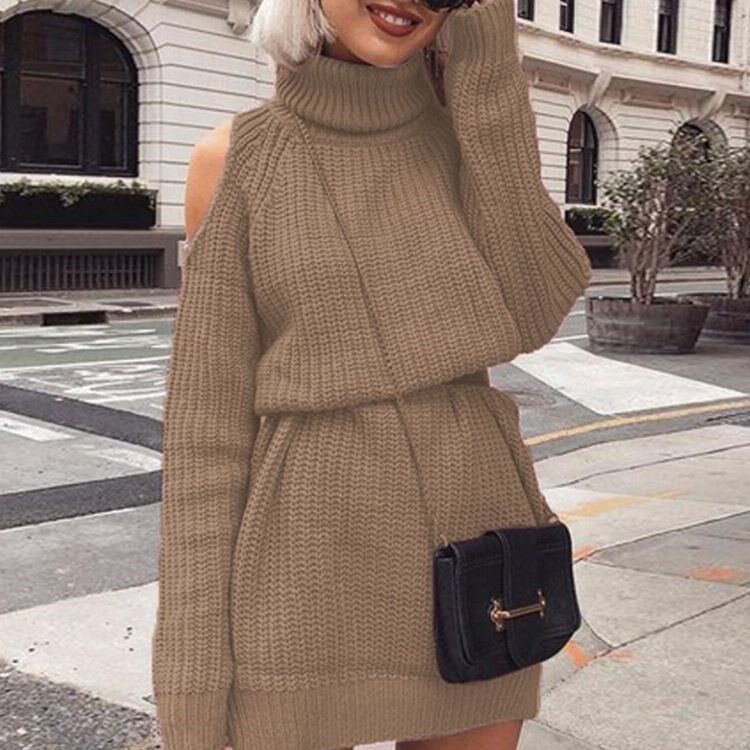 긴 하이넥 오프 숄더 스웨터 드레스 여성