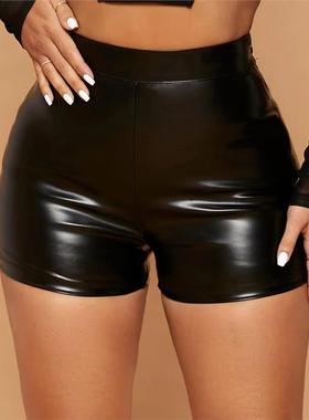 Black High Waist Slim Fit Leather Shorts女士黑色高腰修身皮裤