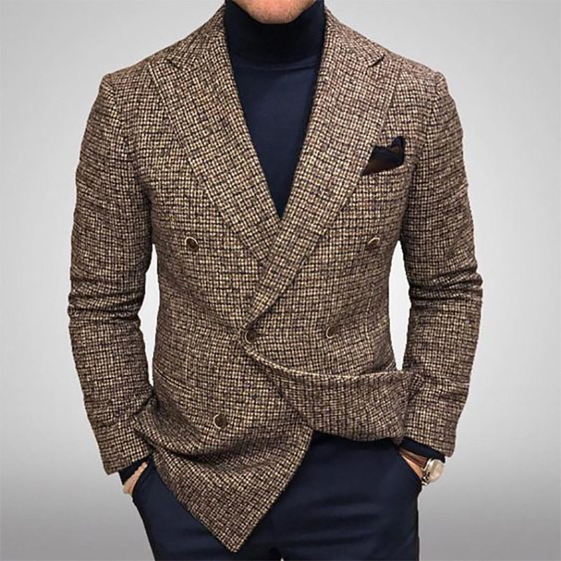 Plaid jacket men直筒外套休闲绿色青年单排扣西装领棉涤多口袋灰