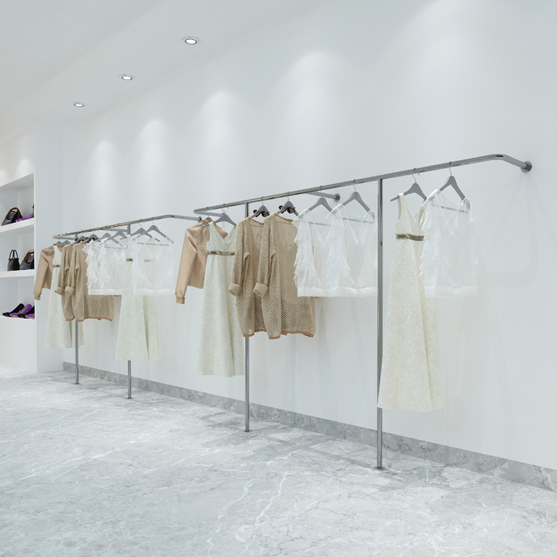 服装店展示架不锈钢挂衣架女装店上墙落地货架拉丝银色简约挂衣杆