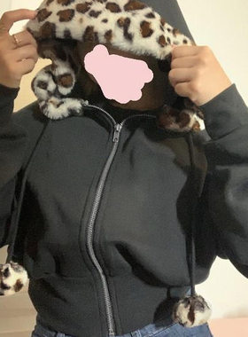豹纹毛边带帽宽松收腰开衫卫衣美式辣妹毛球撞色休闲百搭短外套