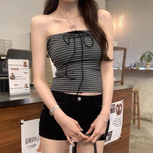1321美式辣妹外穿复古条纹抹胸美背吊带背心带胸垫显瘦百搭上衣女
