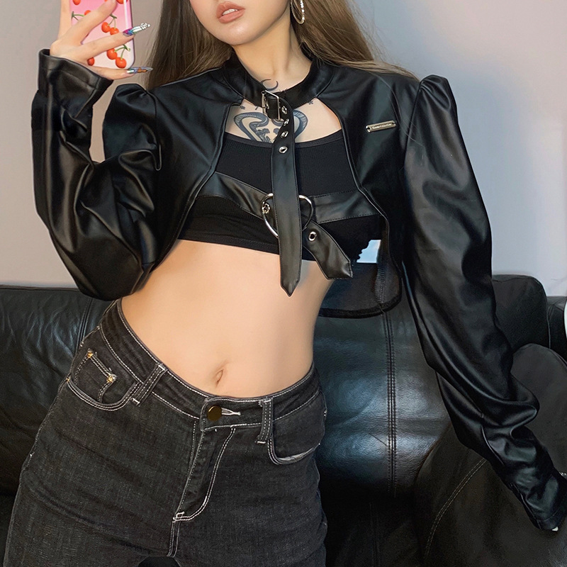 暗黑风帅气潮酷书包扣不规则皮衣外套女2025春季欧美辣妹外搭新款