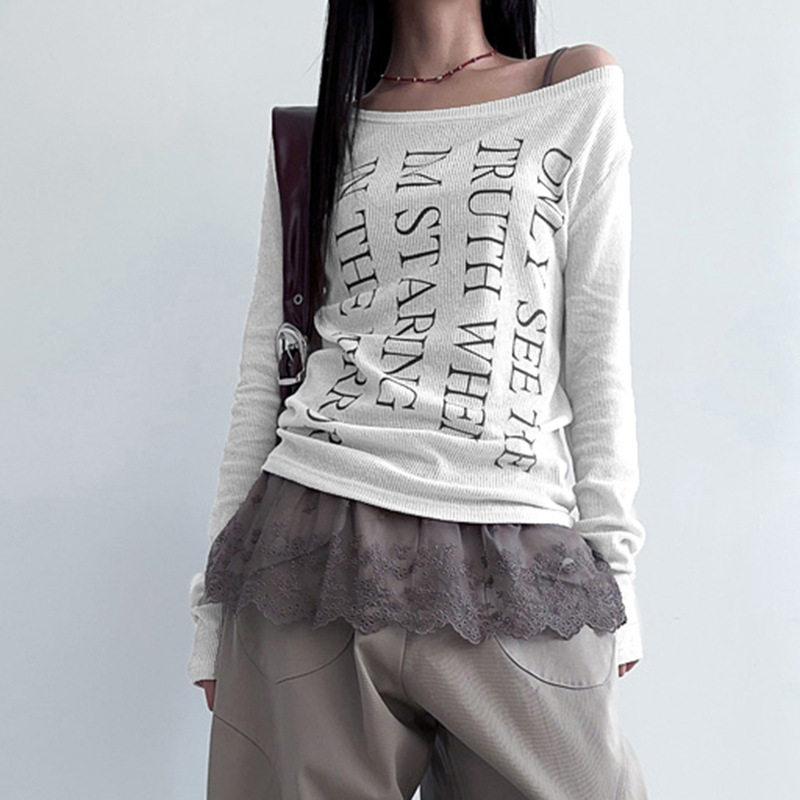wish美式个性辣妹风复古英文字母印花T恤设计感喇叭袖休闲款上衣