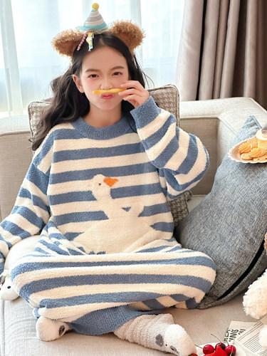 女童睡裙2025新款中大童冬款半边绒长袖睡衣儿童家居服公主裙睡衣