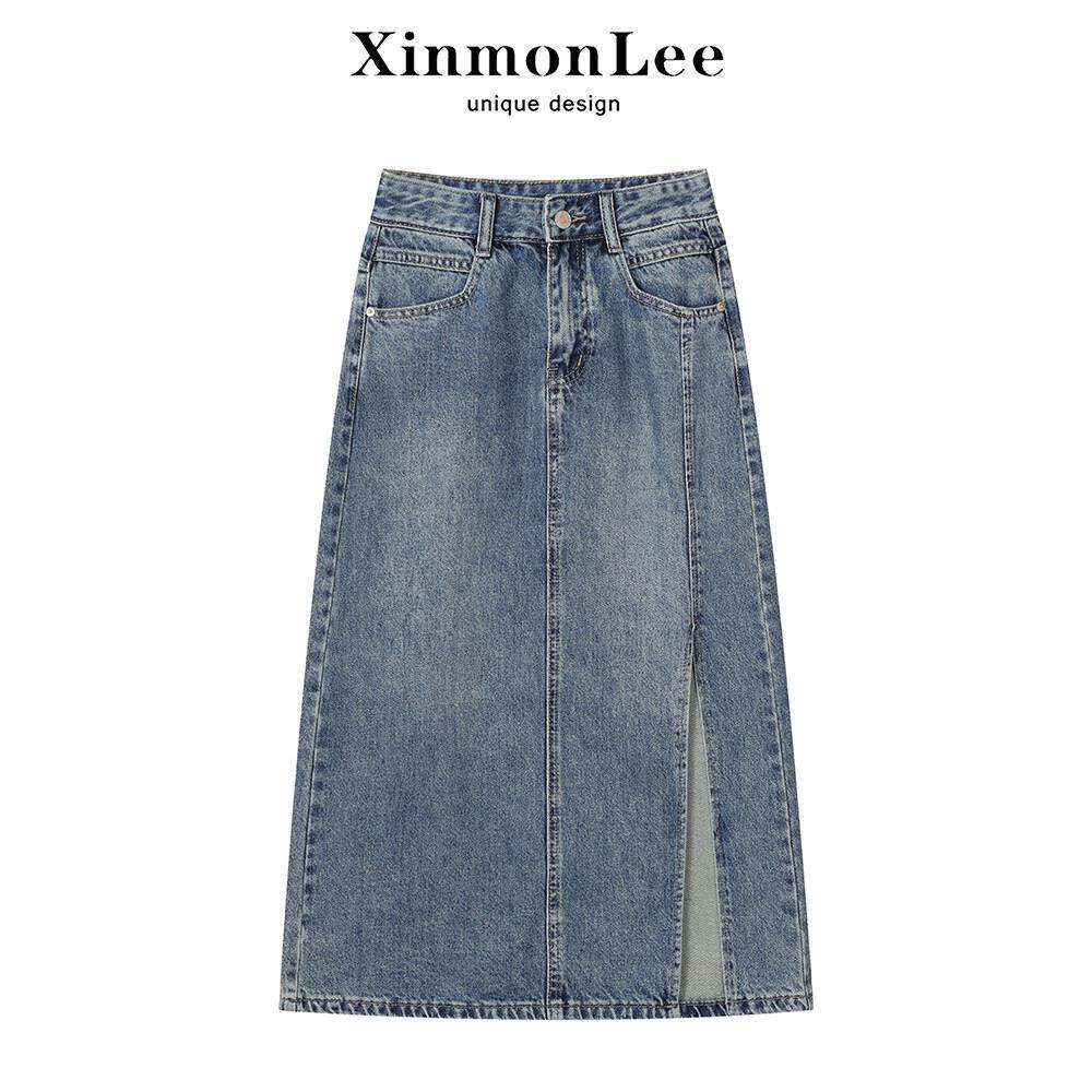 XinmonLee开叉复古高腰显瘦百搭牛仔洗水半身裙女中长款包臀裙子