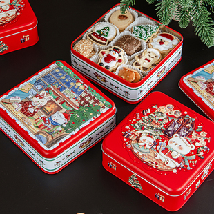 圣诞节曲奇饼干包装 盒铁盒空糖果铁罐礼物小盒子方形马口铁收纳罐
