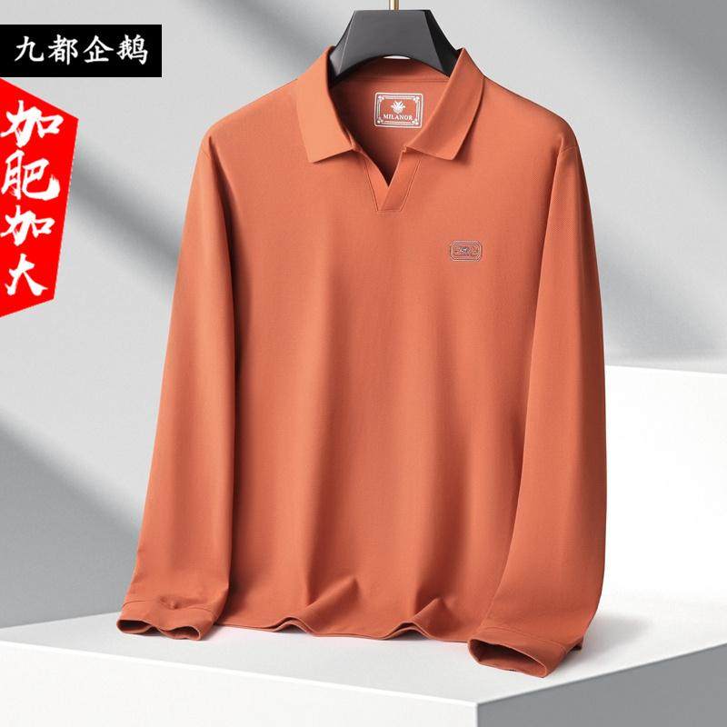 加肥大码V型翻领长袖T恤男士秋季上衣胖子休闲宽松纯棉运动polo衫