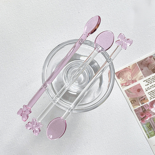 梦幻粉色蝴蝶结透明玻璃咖啡冲泡饮料搅拌棒杯子搅拌器小号勺子