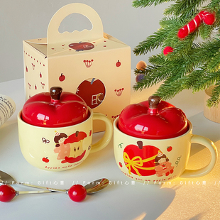 圣诞节女生生日礼物苹果女孩水杯可爱陶瓷马克杯带盖勺闺蜜伴手礼