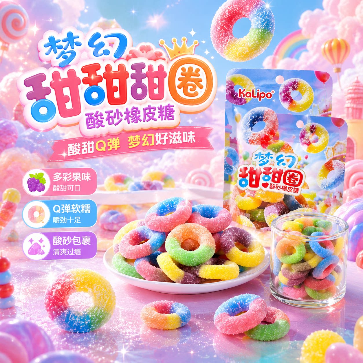 梦幻缤纷甜甜圈酸砂橡皮糖环儿童彩虹QQ软糖果解馋休闲小零食校园