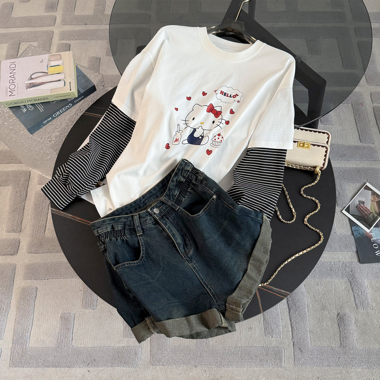 休闲运动套装女早秋新款圆领卡通印花条纹拼接上衣牛仔短裤两件套,女装/女士精品,时尚套装,淘宝优惠券,粉丝福利购,淘宝优惠卷