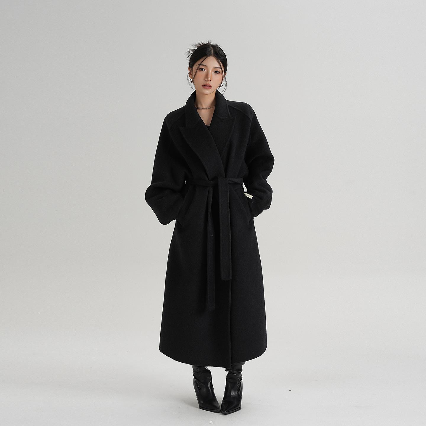 SRYS AME气质高级感系带长款羊毛大衣毛呢外套呢子秋冬装新款女装