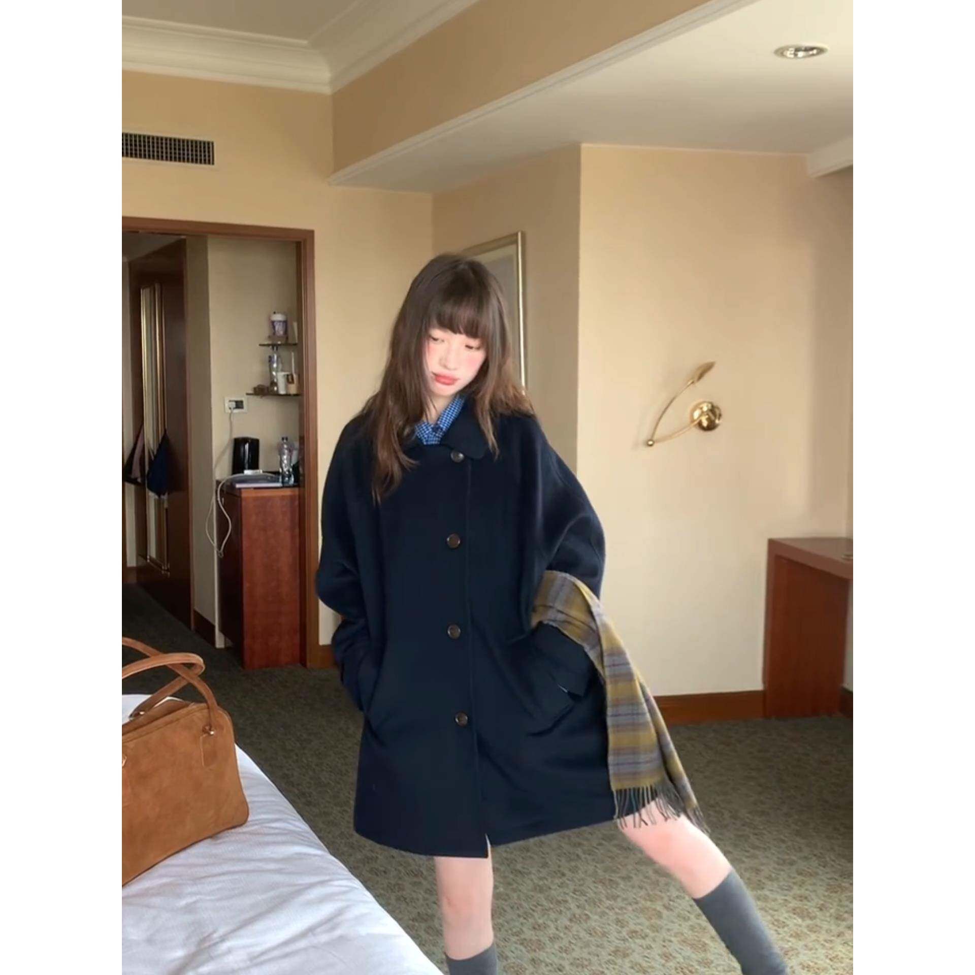 韩系甜美藏青色中长款毛呢外套女2025年秋冬季新款慵懒风呢子大衣