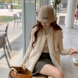 水貂绒马夹女2023新款皮毛一体仿獭兔毛马甲纯色显瘦V领皮草外套