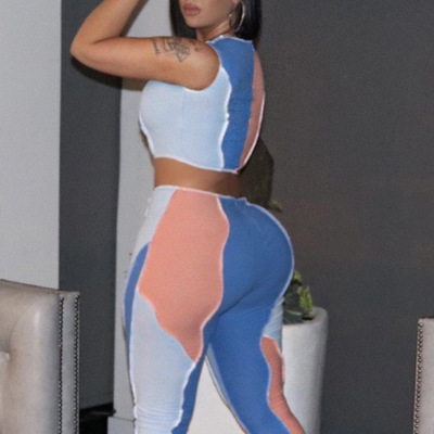 Women's round neck sleeveless T-shirt + stitching trouse