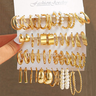 Gold Color Pearl Hoop Earrings Set Metal Dangle Earrings Vin