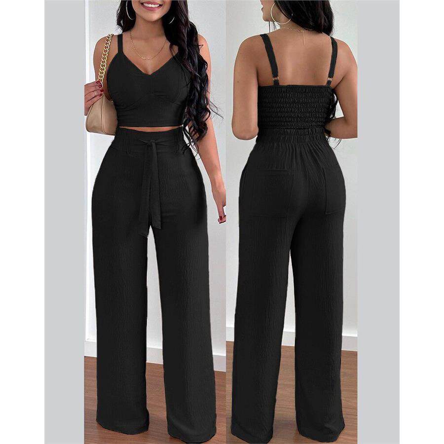 Fashion high-waisted solid color vest wide leg pants set
