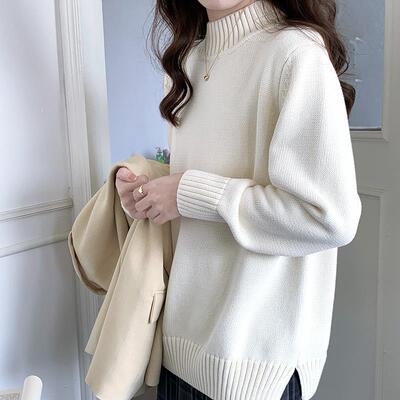 100%纯棉半高领毛衣女秋冬宽松外穿慵懒风加厚套头针织打底衫上衣