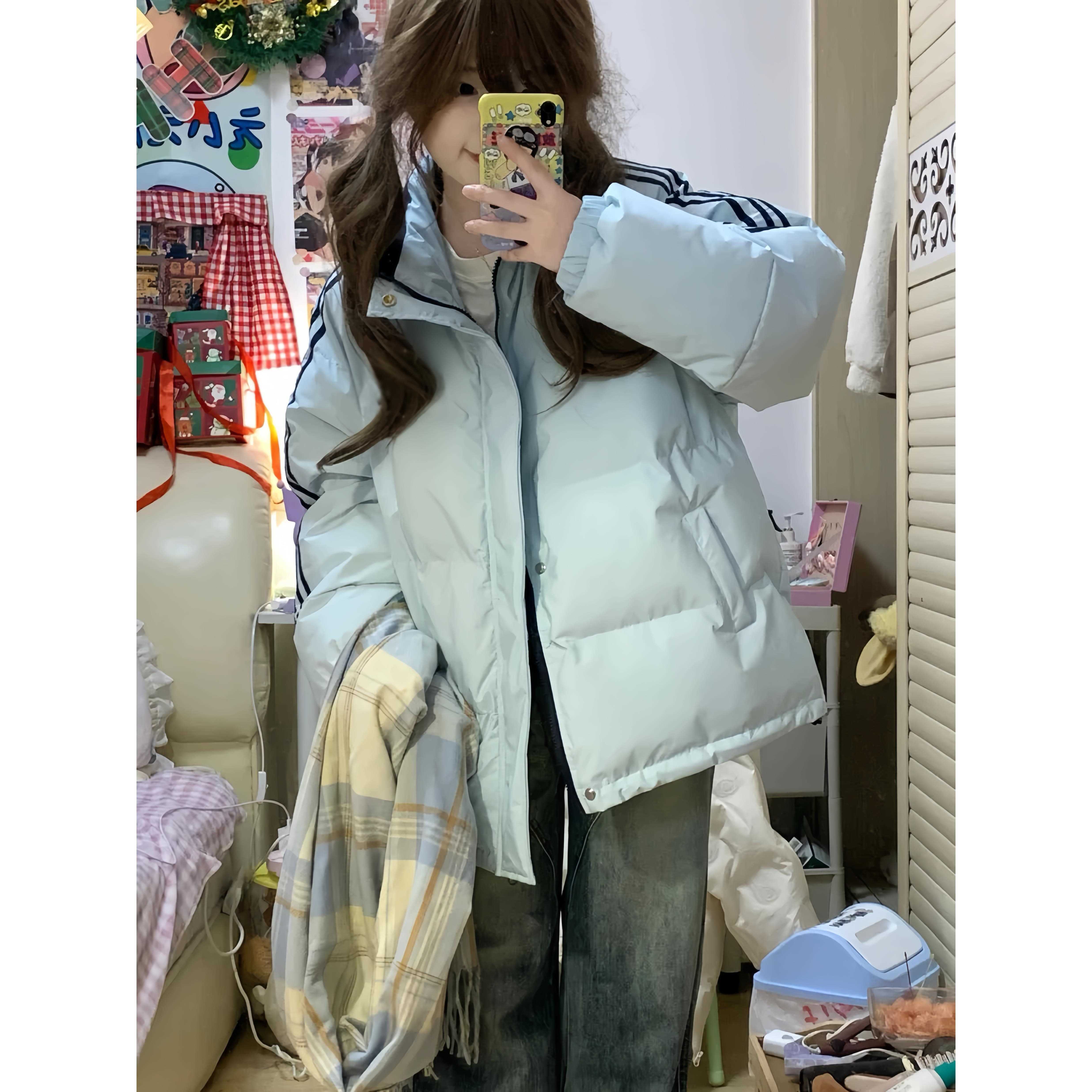 美国冬季女生、男生条纹立领羽绒服初高中学生新款松面包夹克