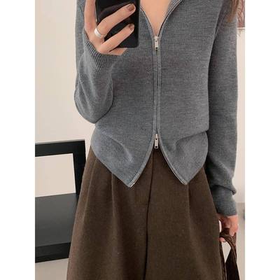 半高领精纺羊毛双拉炼针织开衫女秋冬季韩版百搭外穿毛衣外套