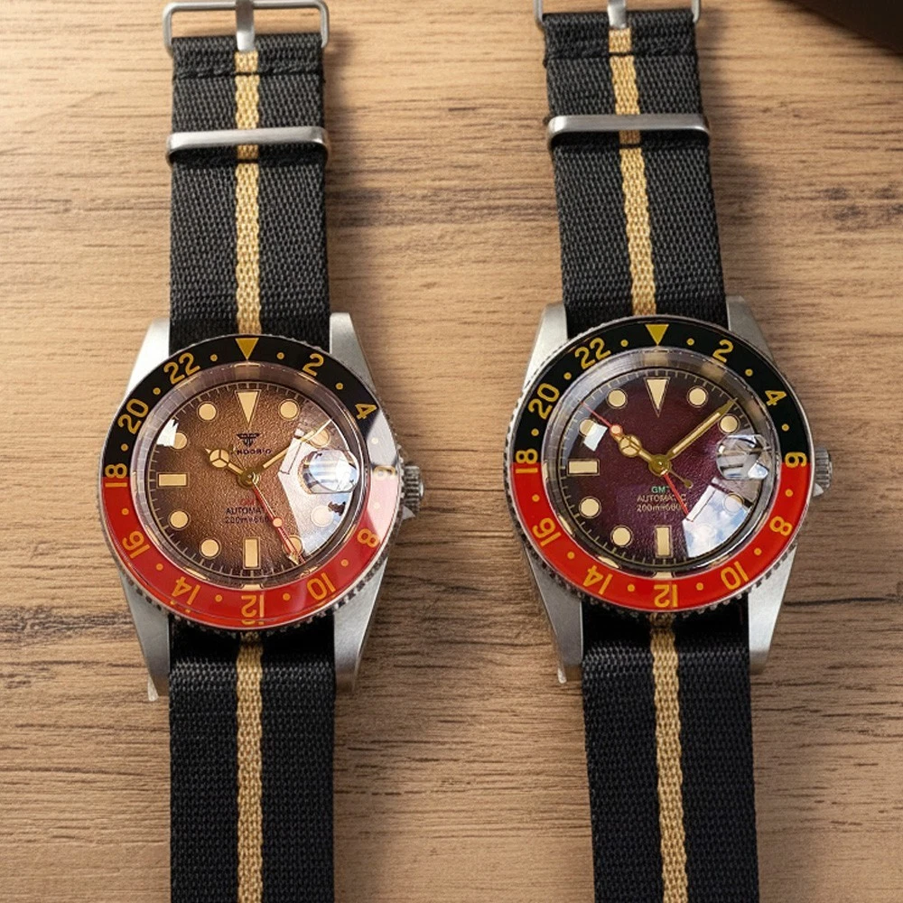 百搭男士机械手表NH34 gmt防水表圆顶蓝宝石复古盘钢带38mm不锈钢