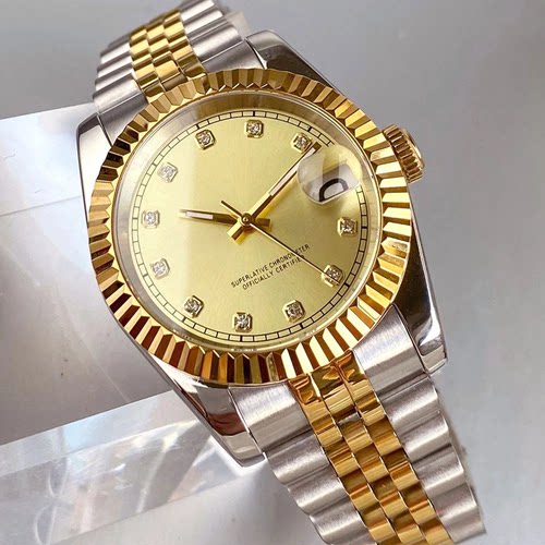 NH35机芯36mm 39mm间金机械手表男生带钻金色表盘五珠链带防水