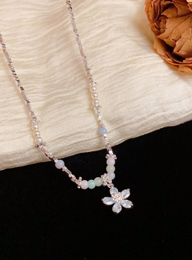 小清新时尚碎银串珠蓝色花朵项链
