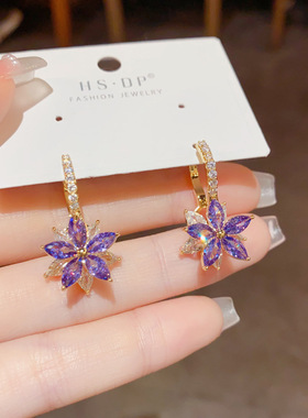 韩版简约百搭小清新紫色锆石花朵耳扣网红个性轻奢感耳环
