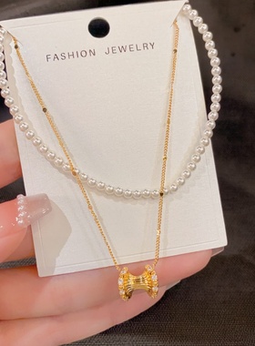 轻奢锆石扭曲双层珍珠锁骨链