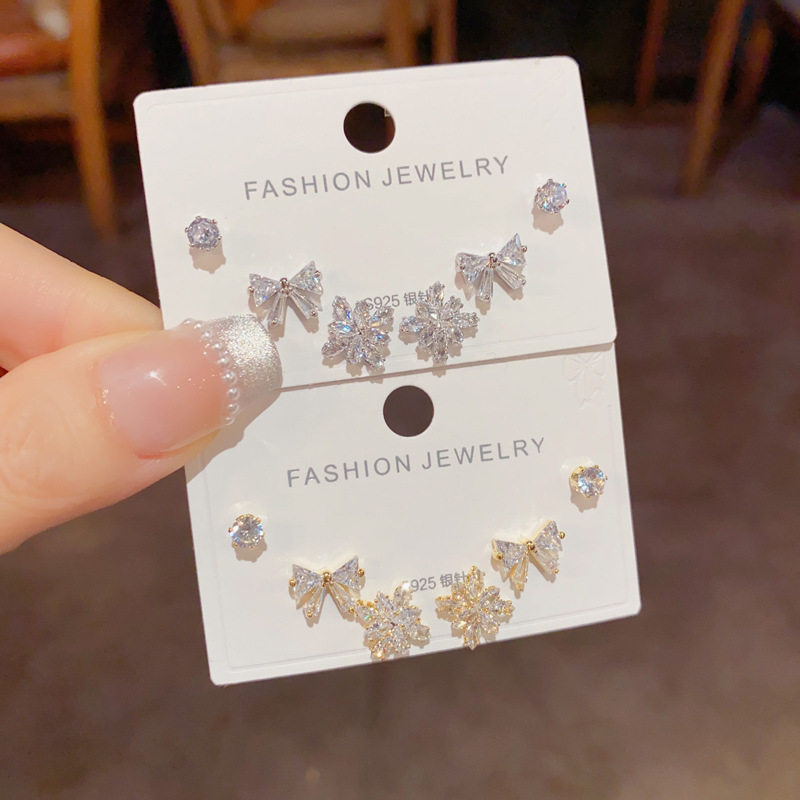 满钻雪花蝴蝶结三件套超闪耳钉
